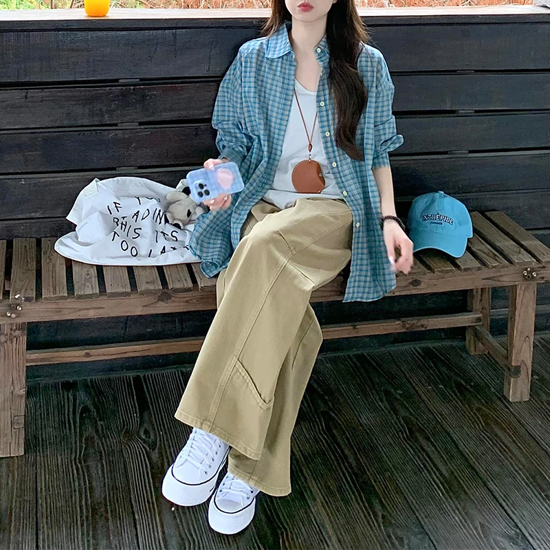大码卡其色设计感时尚直筒牛仔裤女春季新款高腰宽松百搭阔腿裤子