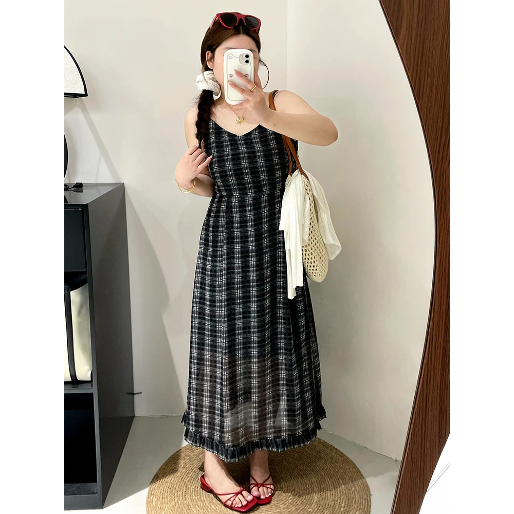 大码女装v领吊带裙女荷叶边连衣裙2025夏款胖mm中长款裙子