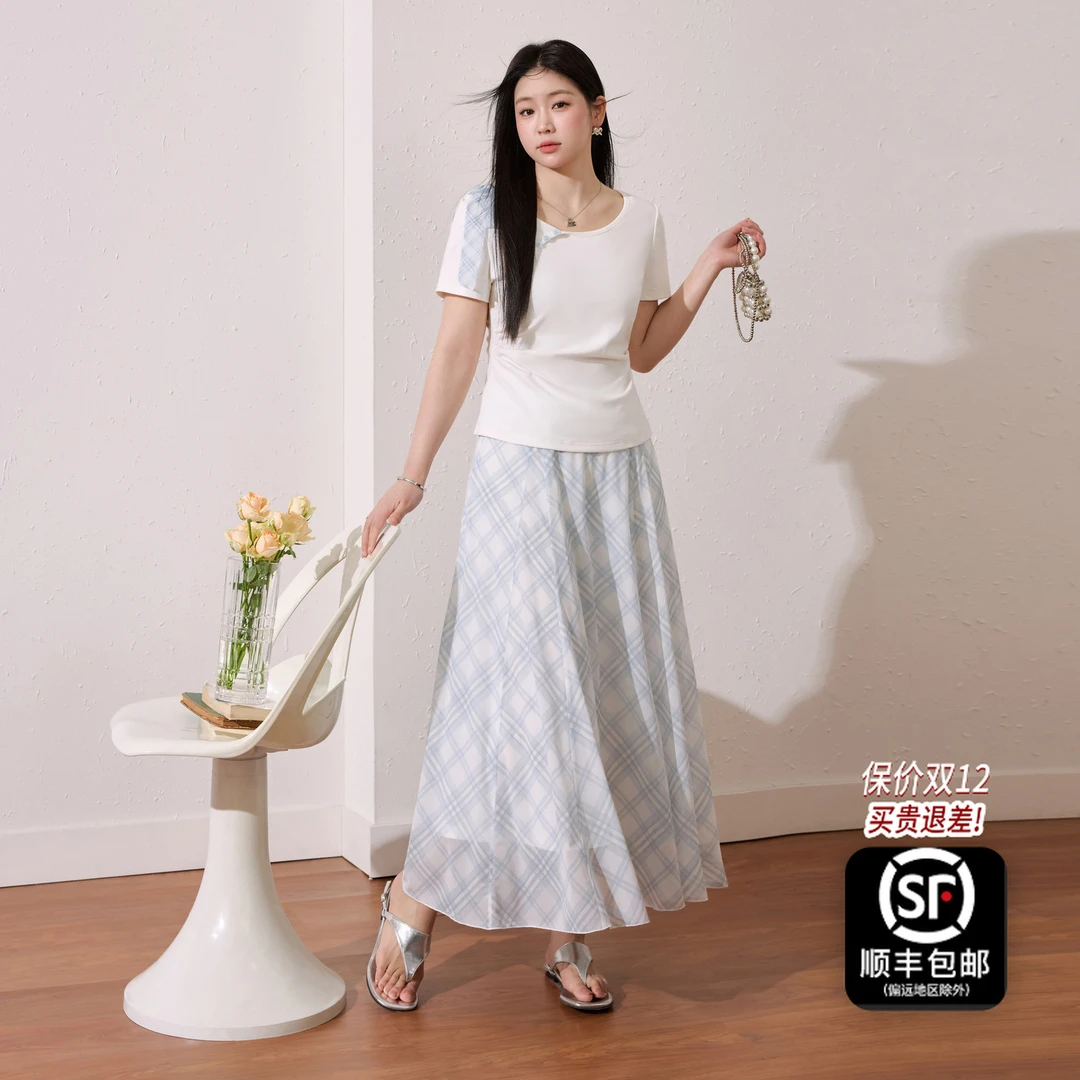 蓝语大码女装优雅遮肉短袖T恤格纹冰凉感半身裙夏季漂亮套装13990