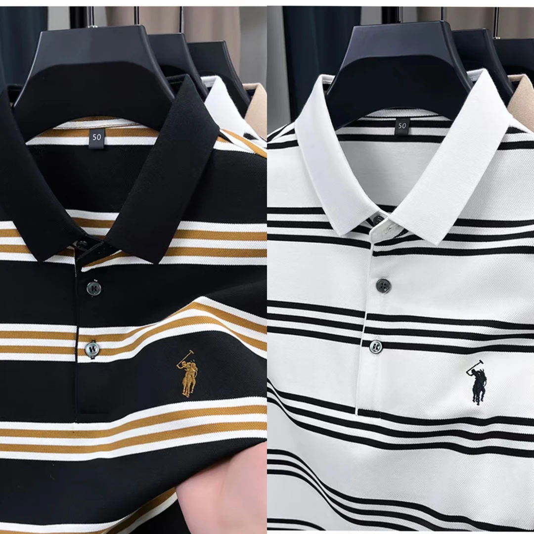 【买一送一】夏季条纹翻领短袖商务抗皱休闲纽扣Polo衫潮牌老钱风