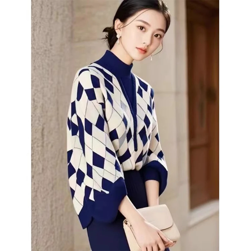 YY#简约菱格子撞色针织开衫女春季新款时尚宽松外穿毛衣DY12378