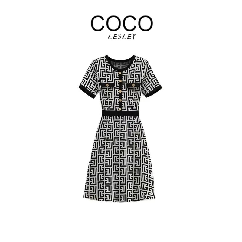 【COCO LESLEY】新款几何图形小香风遮肉百搭显瘦连衣裙