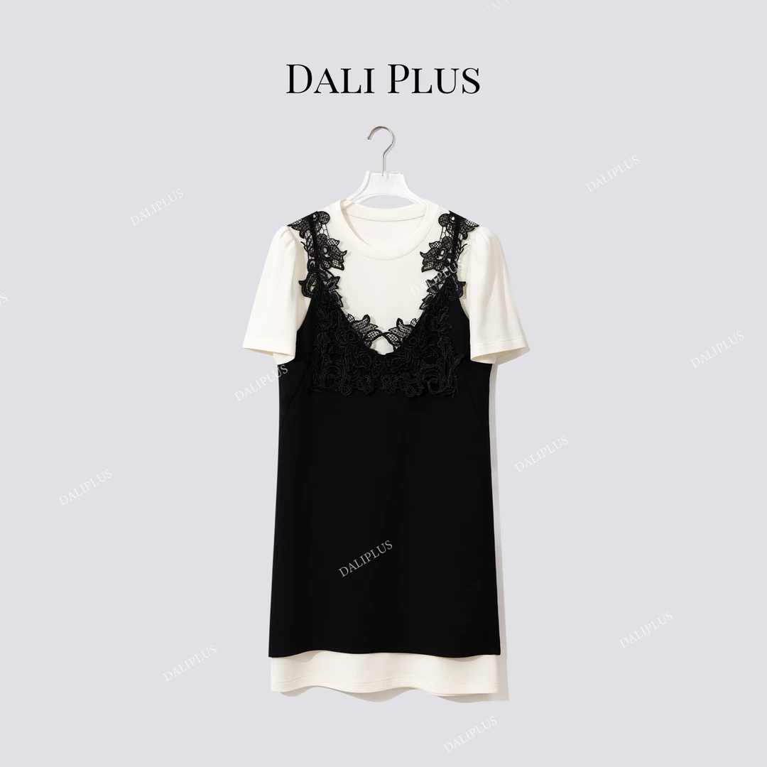 DALI PLUS“重磅醋酸T恤裙”两件套撞色蕾丝拼接连衣裙-D5XH0064
