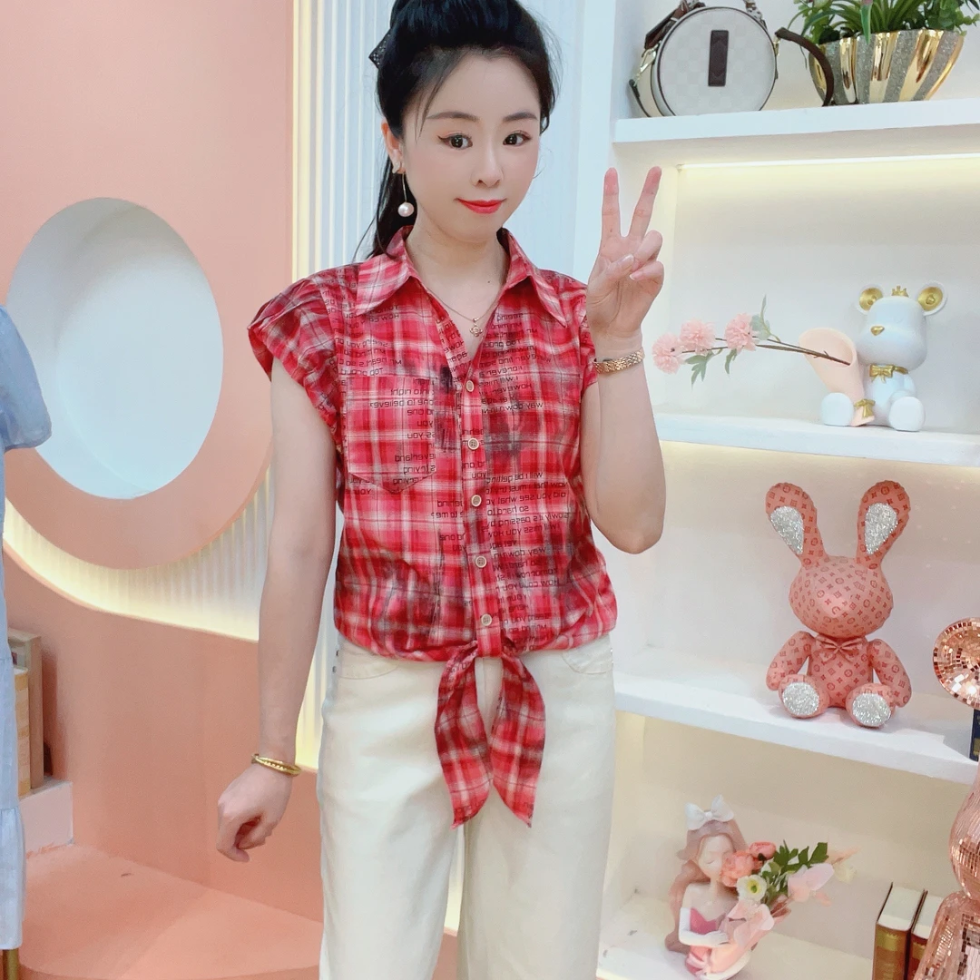 JUYA 新款【格纹字母】夏季时尚减龄系带设计显瘦高级百搭洋气衬衫