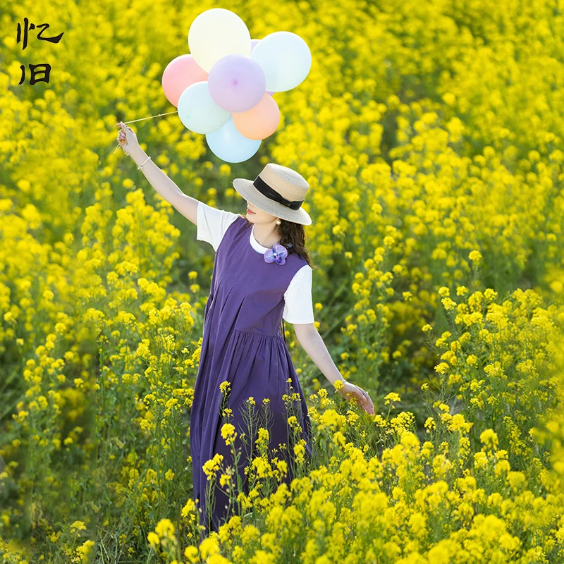 现货【木槿花开】紫色无袖连衣裙女夏季气质宽松旅游度假裙子