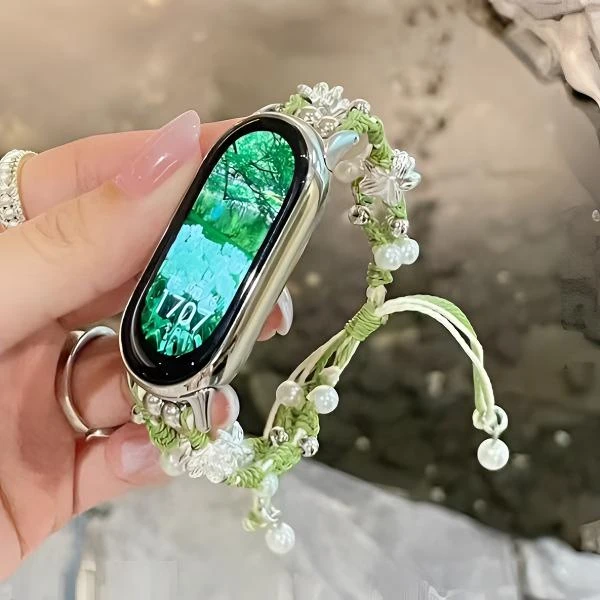 适用小米手环10表带编织9新中式8陶瓷版串珠腕带NFC女莲花珍珠