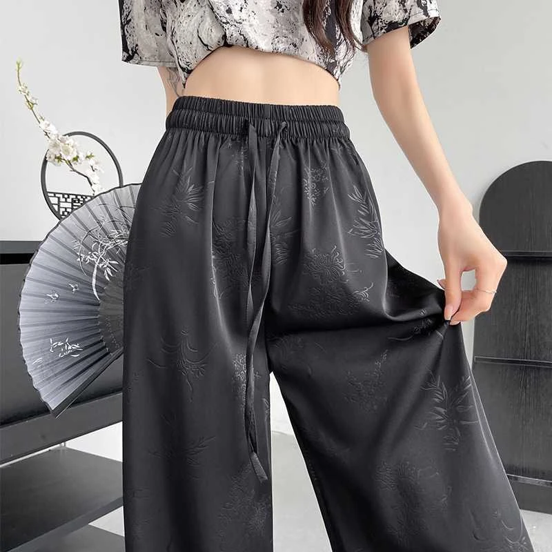 新中式国风阔腿裤大码女裤2025秋季新款高腰休闲裤薄款直筒提花裤