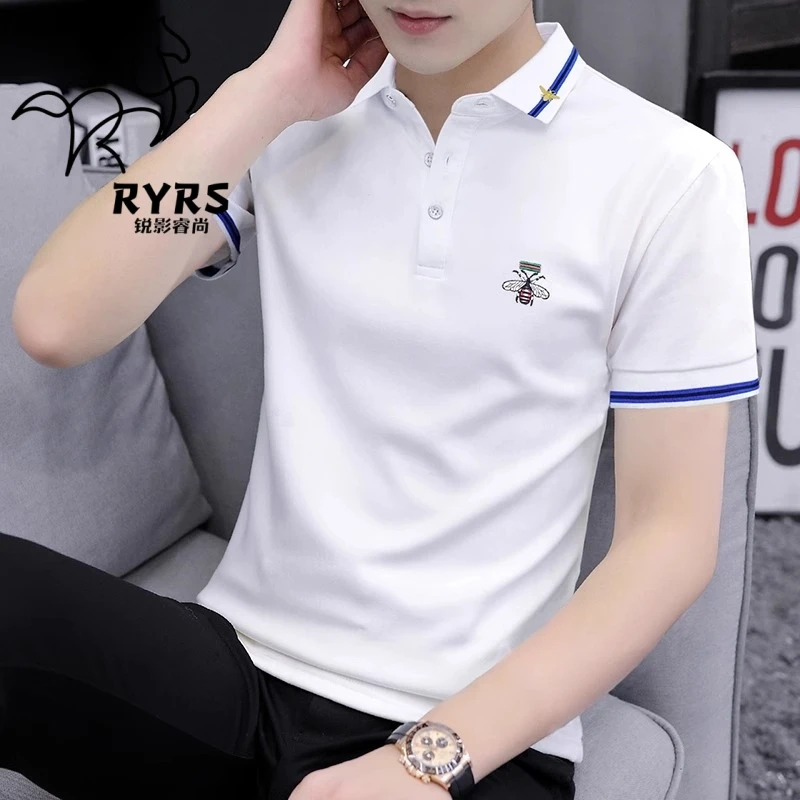 翻领polo衫男夏季短袖潮流百搭时尚带领t恤纯色刺绣休闲商务白色