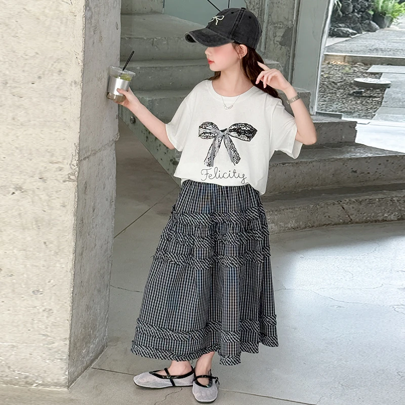 夏季女大童2025新款休闲女童套装童装蝴蝶结上衣韩版格子裙子洋气