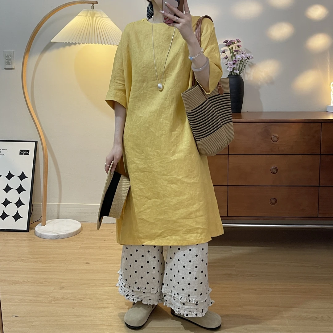 see U自制日系茧型中长款连衣裙 100纯亚麻罩衫裙