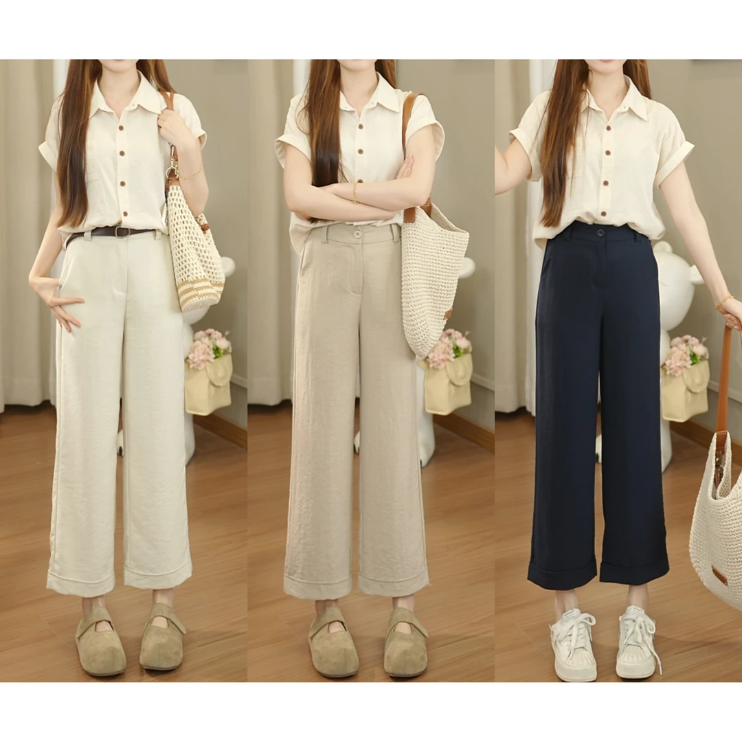 小个子九分亚麻高腰休闲裤阔腿薄款显瘦女士夏季裤