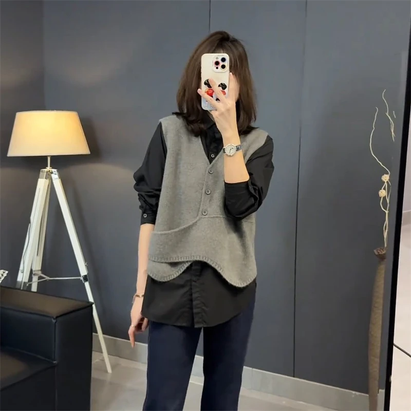 时尚设计感纯色衬衫不规则马甲套装女202春季新款韩系一整套上衣