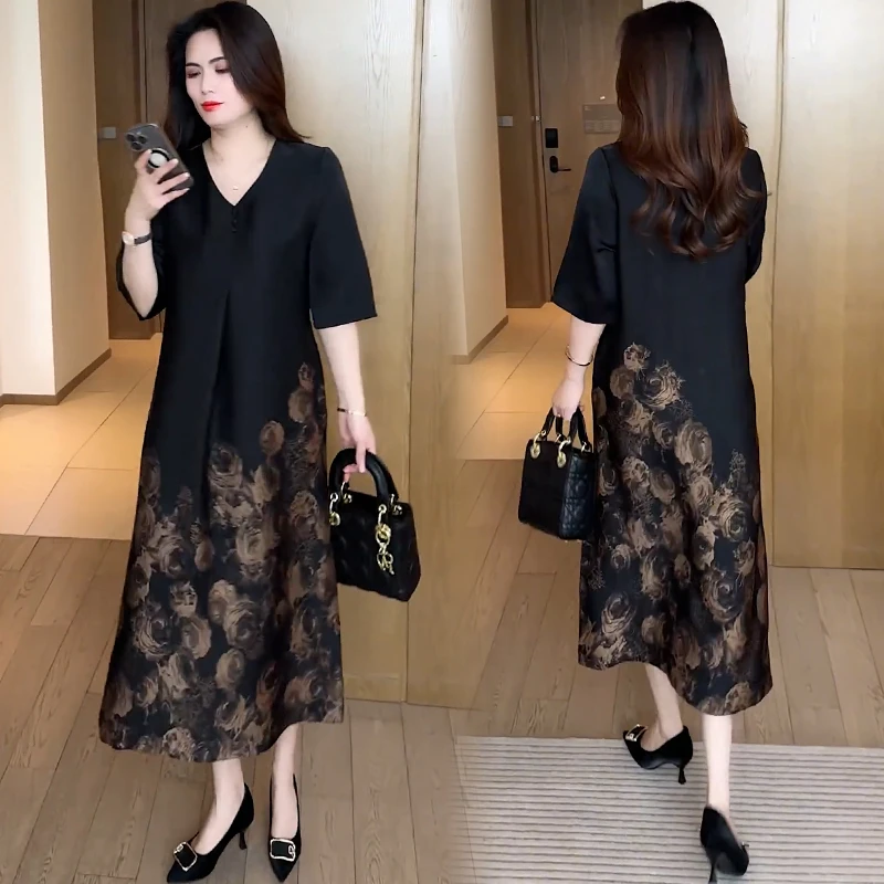 时尚连衣裙女2025夏季新款洋气宽松显瘦中长款印花V领大码长裙潮