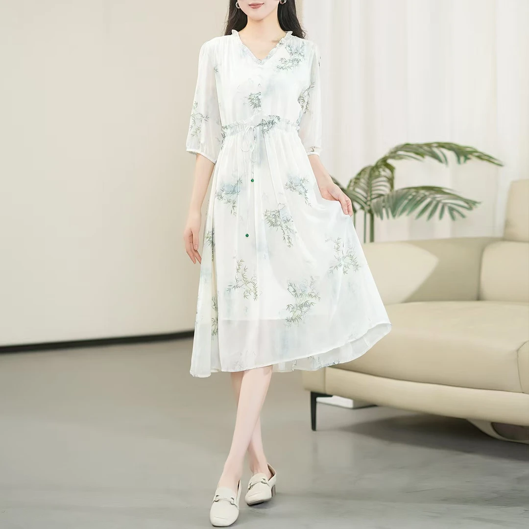 运费补贴（烟雨江南）夏季桑蚕丝2025扎染显瘦高腰遮肚子高端连衣裙