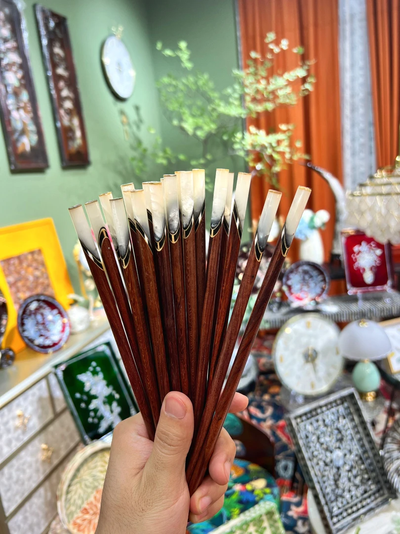 HM110(五双装)原木原色家用老挝SZ贝壳牛角镶嵌装饰筷子