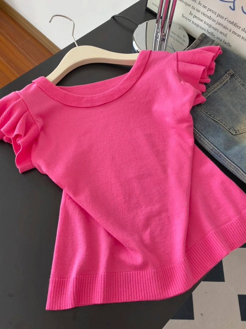 甜辣小衫飞飞袖圆领针织t恤女2025夏季甜美小众玫红色短袖上衣