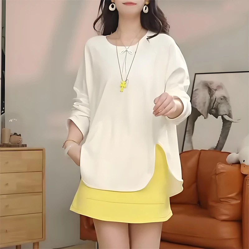 减龄宽松下摆开叉长袖打底T恤女秋季新款洋气设计感显白内搭上衣