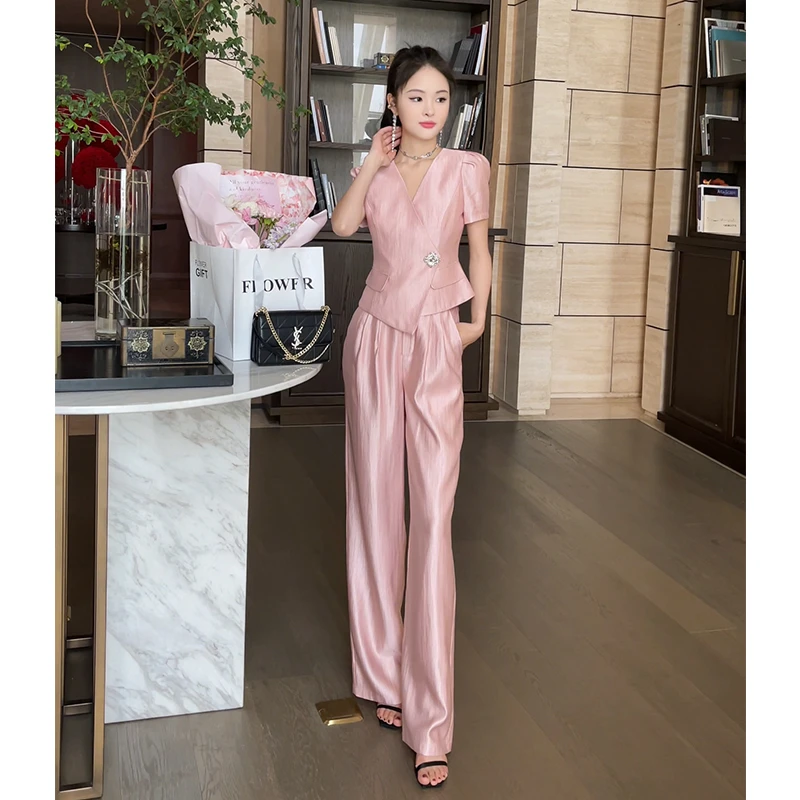 格润雅夏季套装女2025流行新款时尚V领上衣高腰阔腿裤气质两件套