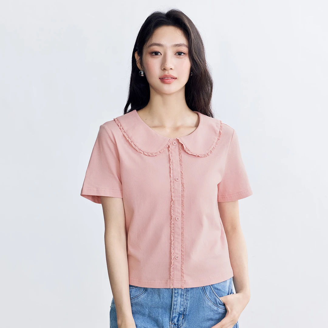 纯棉花边娃娃领短袖T恤女2025夏季甜美减龄舒适休闲套头上衣
