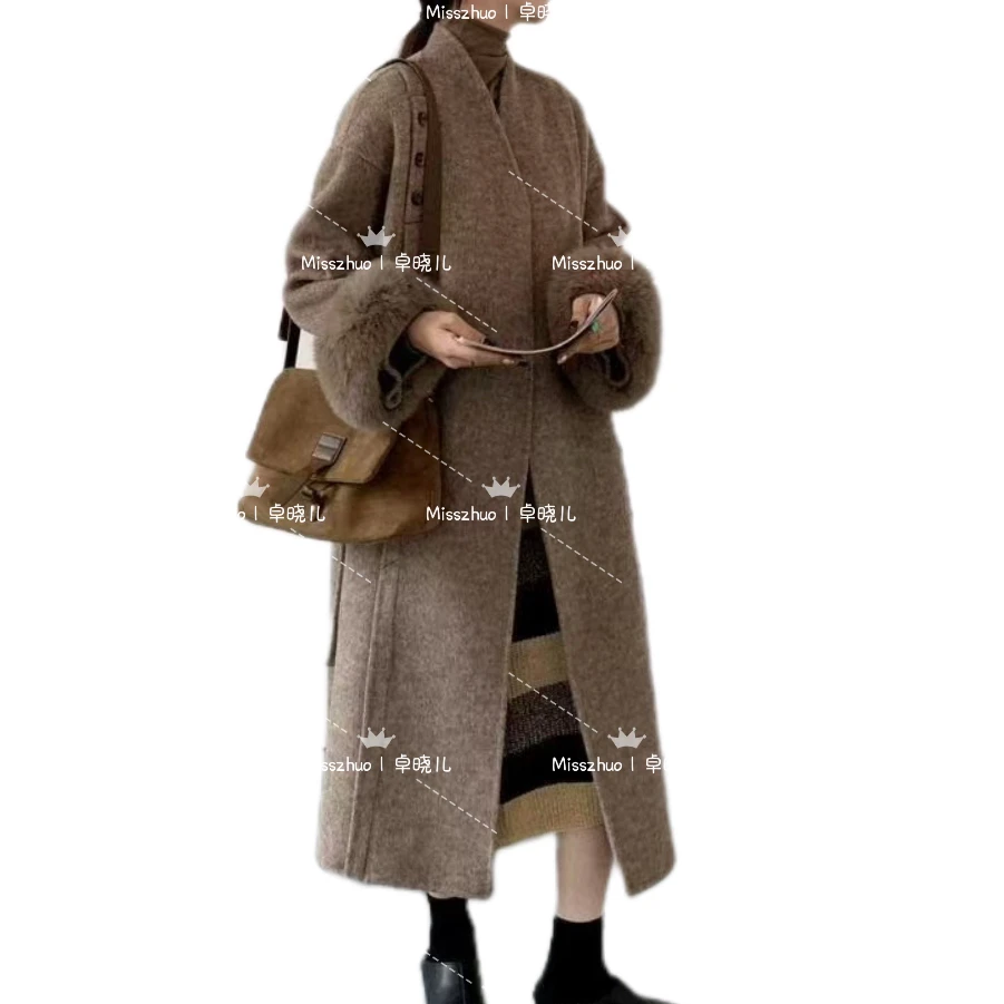 Miss zhuo｜卓晓儿 毛毛袖扣子款双双面面长款毛呢外套女士冬时尚