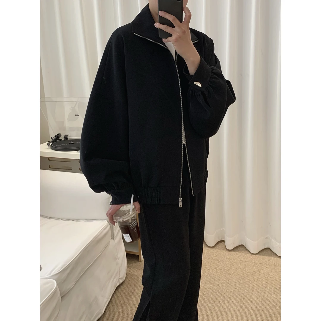 阿茶与阿古黑色廓形外套男款春季韩版潮流宽松翻领夹克A2502401