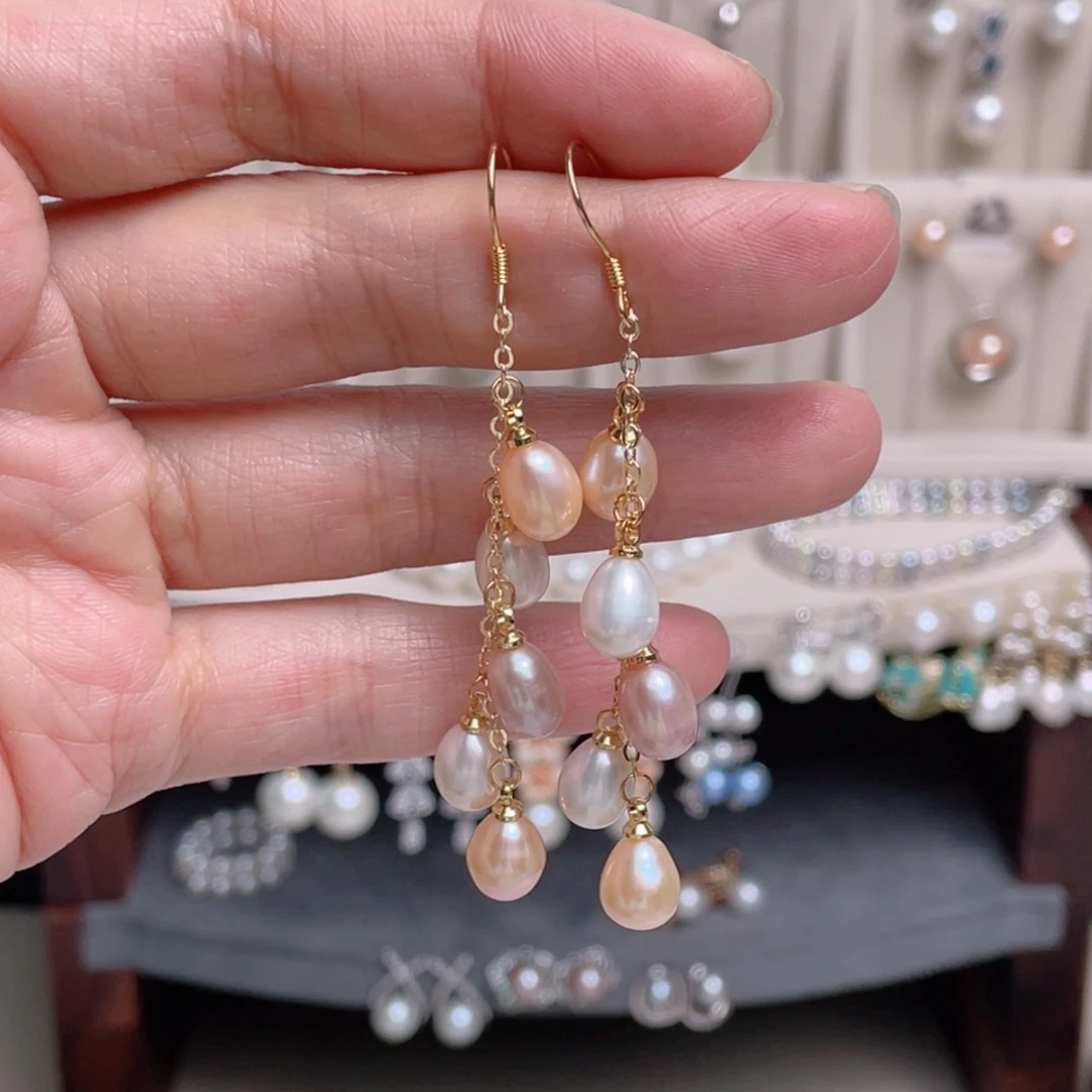 淡水珍珠颈饰银S925镶嵌流苏款长款耳饰