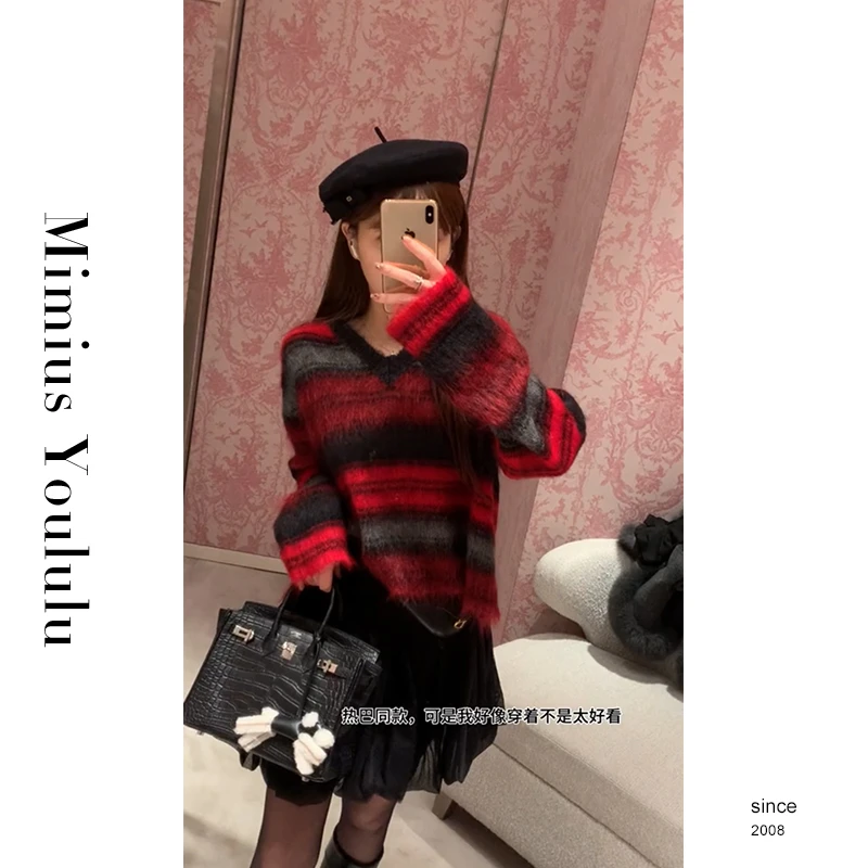 【mimius】游鹿鹿 热巴同款红黑渐变色毛衣 WF10126