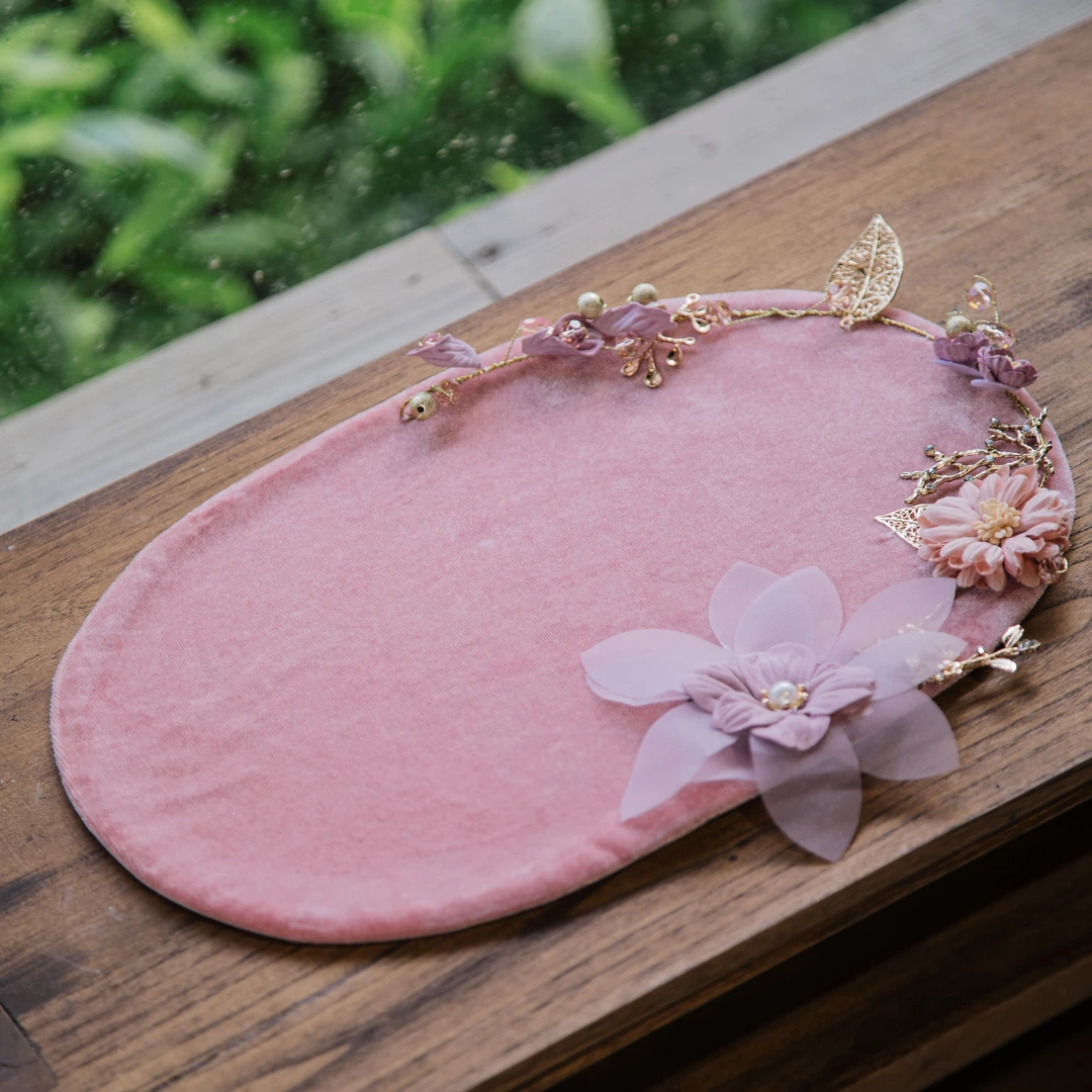 QB00733 七宝烧-粉色圆形垫椭圆茶垫带绣花茶席茶垫