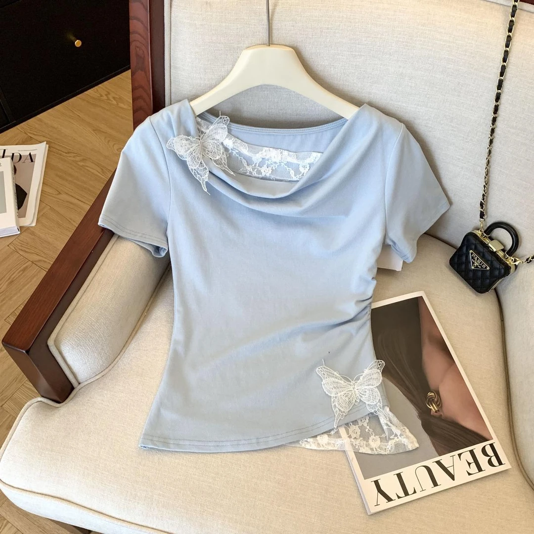 纯欲风常规蕾丝修身型短袖T恤时尚气质褶皱小众抽绳辣妹夏季