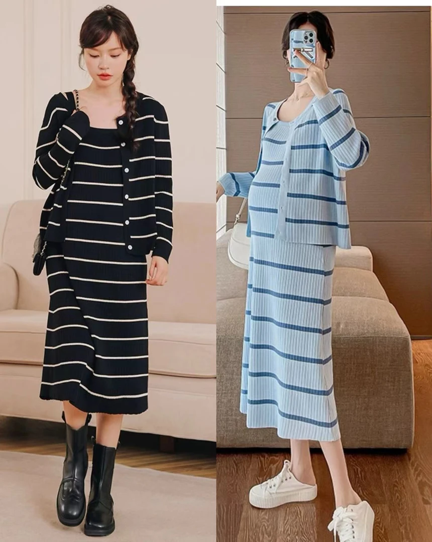 大码孕妇连衣裙春秋气质减龄显瘦条纹开衫针织吊带裙两件套320
