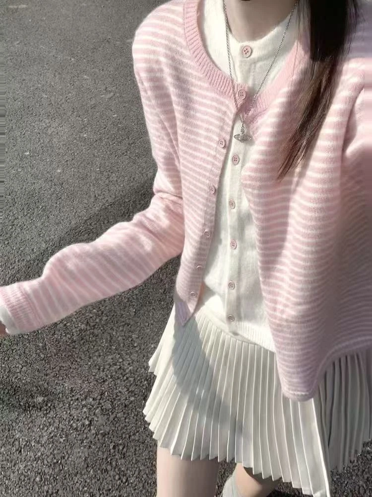 学院风条纹秋季常规针织毛针织衫小香风韩版百搭撞色