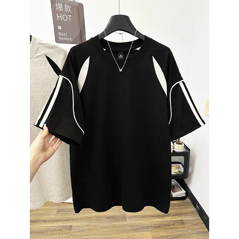 纯棉撞色拼接条纹短袖T恤男女同款春夏季宽松大码潮牌半袖上衣服