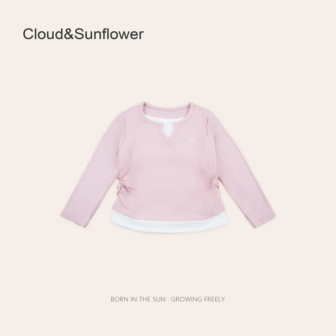 女童春季R字刺绣假两件圆领休闲打底衫1113558