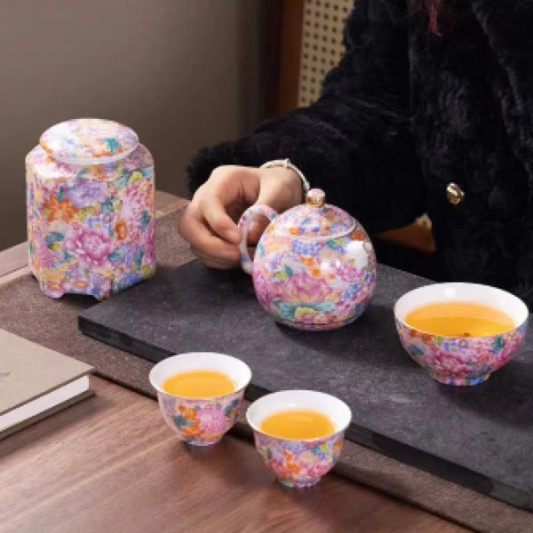 [墨池]珐琅彩繁花泡茶壶套组1壶3杯 茶叶罐0270