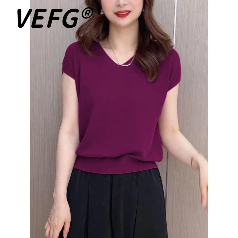 VEFG薄款冰丝v领短袖t恤女2025新款夏季洋气宽松显瘦百搭别致上衣