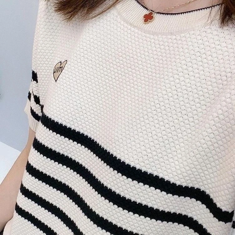 夏季新款条纹薄款套头针织衫圆领休闲显瘦短袖T恤上衣宽松百搭