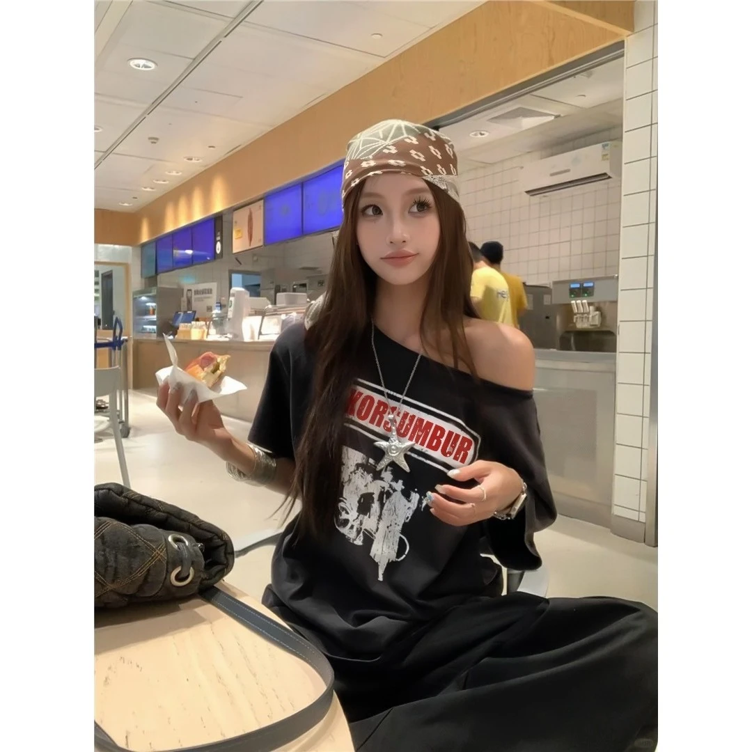 夏季新款斜肩上衣短袖女t恤时尚百搭气质衣服美式复古慵懒风