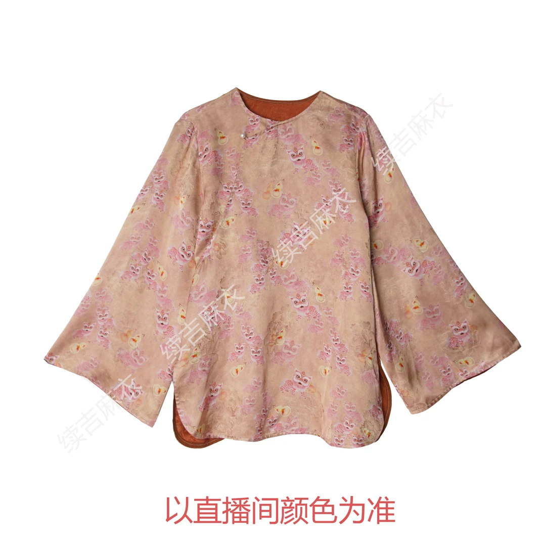 早秋-续吉麻衣25-1539【好狮连连】牡丹圆领长袖优雅设计感上衣