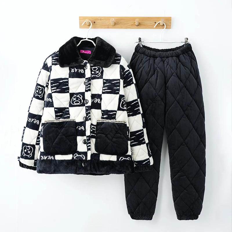 庆同睡衣秋冬珊瑚绒夹棉套装三层加厚保暖法兰绒可外穿和服家居服