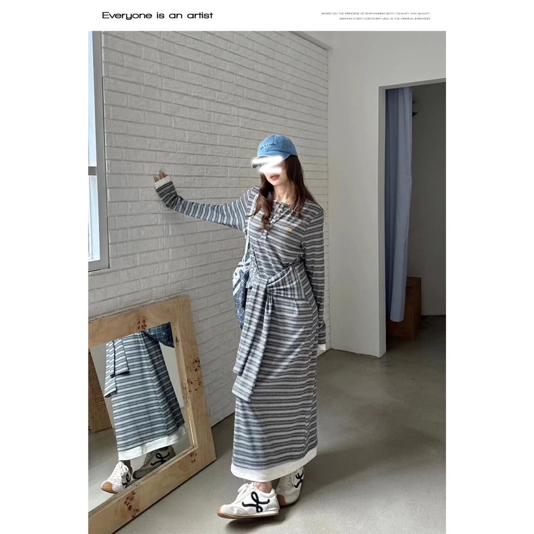 88780绑带假两件设计条纹连衣裙