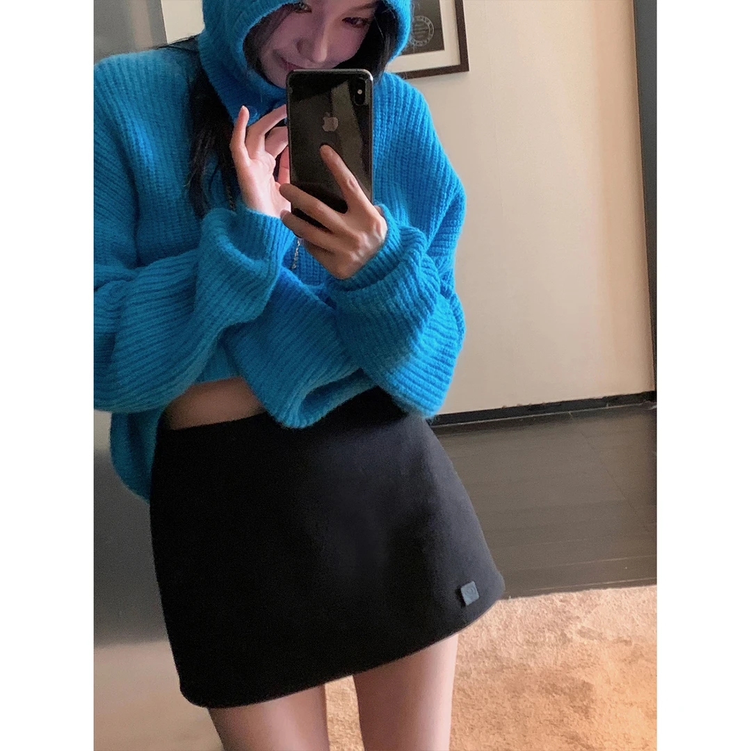 区区欧阳长期主义 衣橱bi备黑色毛呢半身裙女冬季新款短款A字裙子