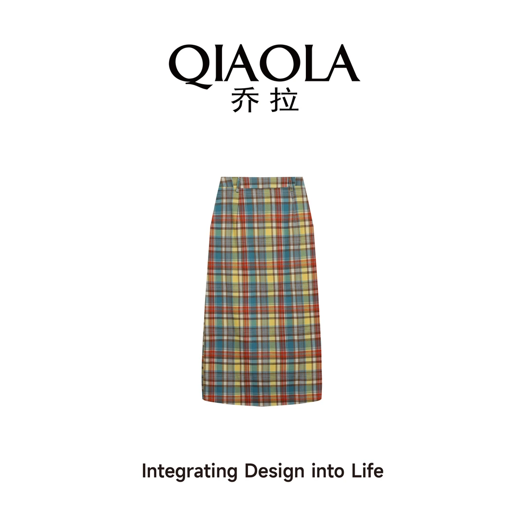 QIAOLA/乔拉【赤菊印象】早春新款梭织彩色格纹百搭洋气A版半裙
