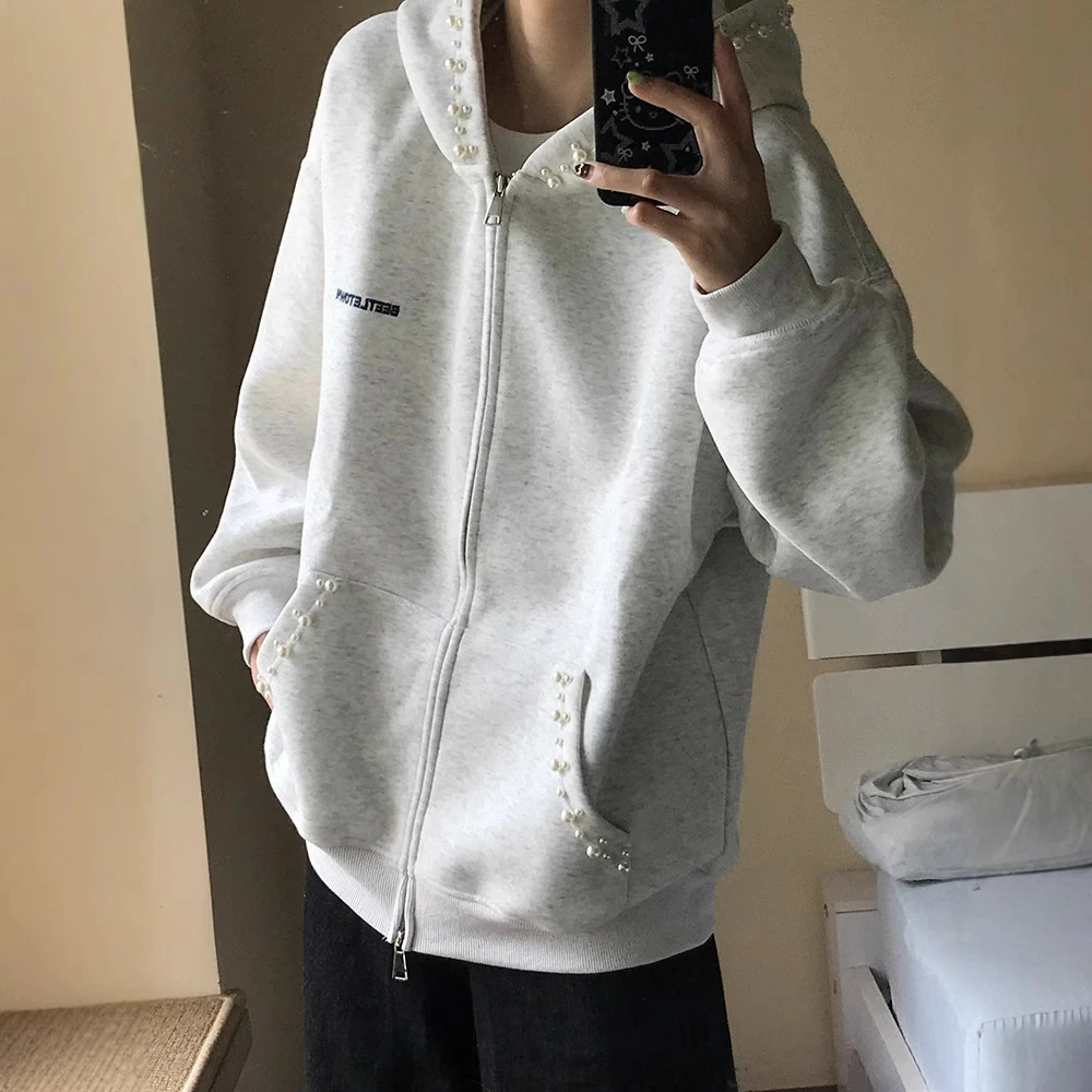 白花灰珍珠连帽卫衣男女同款潮牌潮流设计高级感美式cleanfit开衫