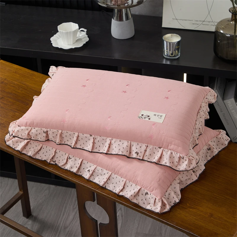 全棉纯棉枕芯韩式花边款枕头单只装荞麦枕成人家用粉色可拆洗机洗