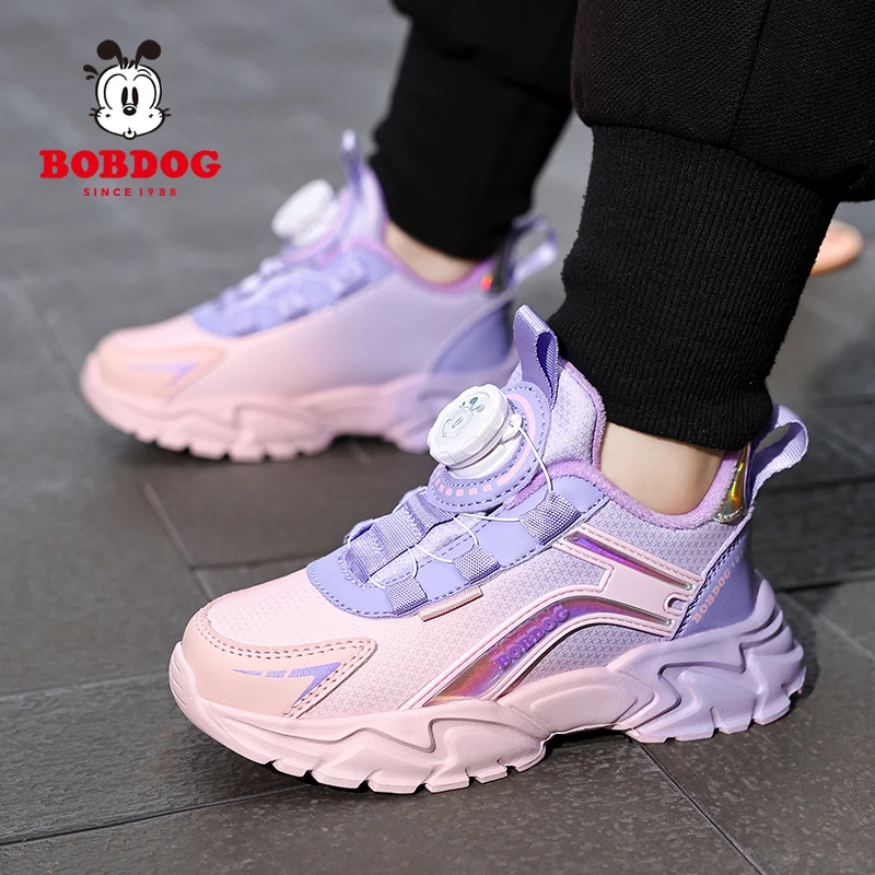 巴布豆童鞋女童秋冬新款皮面运动鞋儿童旋转纽扣中大童舒适跑步鞋