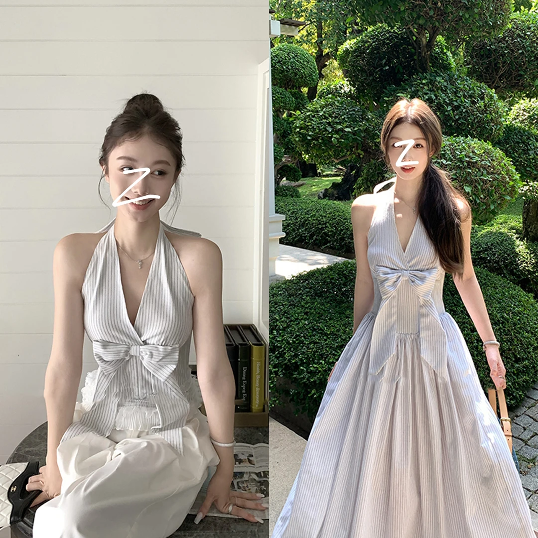 人间梦露 鱼骨束型挂脖V领连衣裙鱼骨抹胸条纹背心仙女长裙女夏