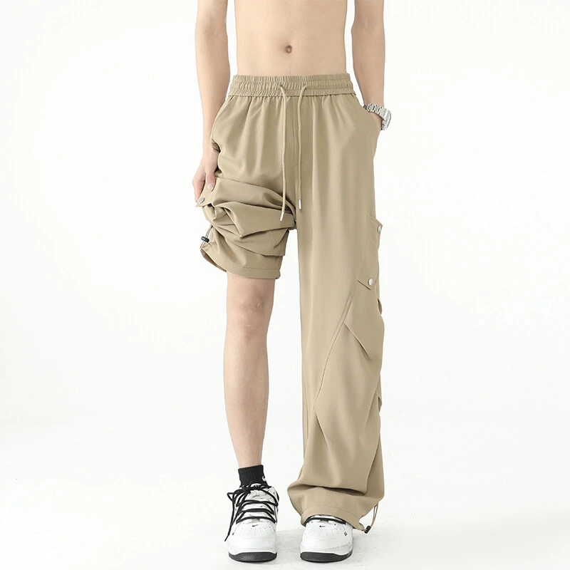 夏季男士冰丝凉感褶皱伞兵工装裤潮牌宽松直筒休闲裤透气多口袋