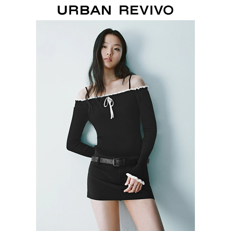 UR2025春季新款女装欧若风撞色蝴蝶结一字领短款针织衫UYY950010