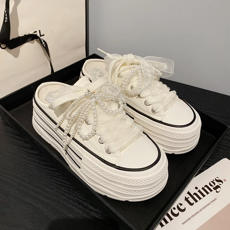 厚底增高蝴蝶结包头半拖鞋2025春季新款真皮系带休闲松糕板鞋