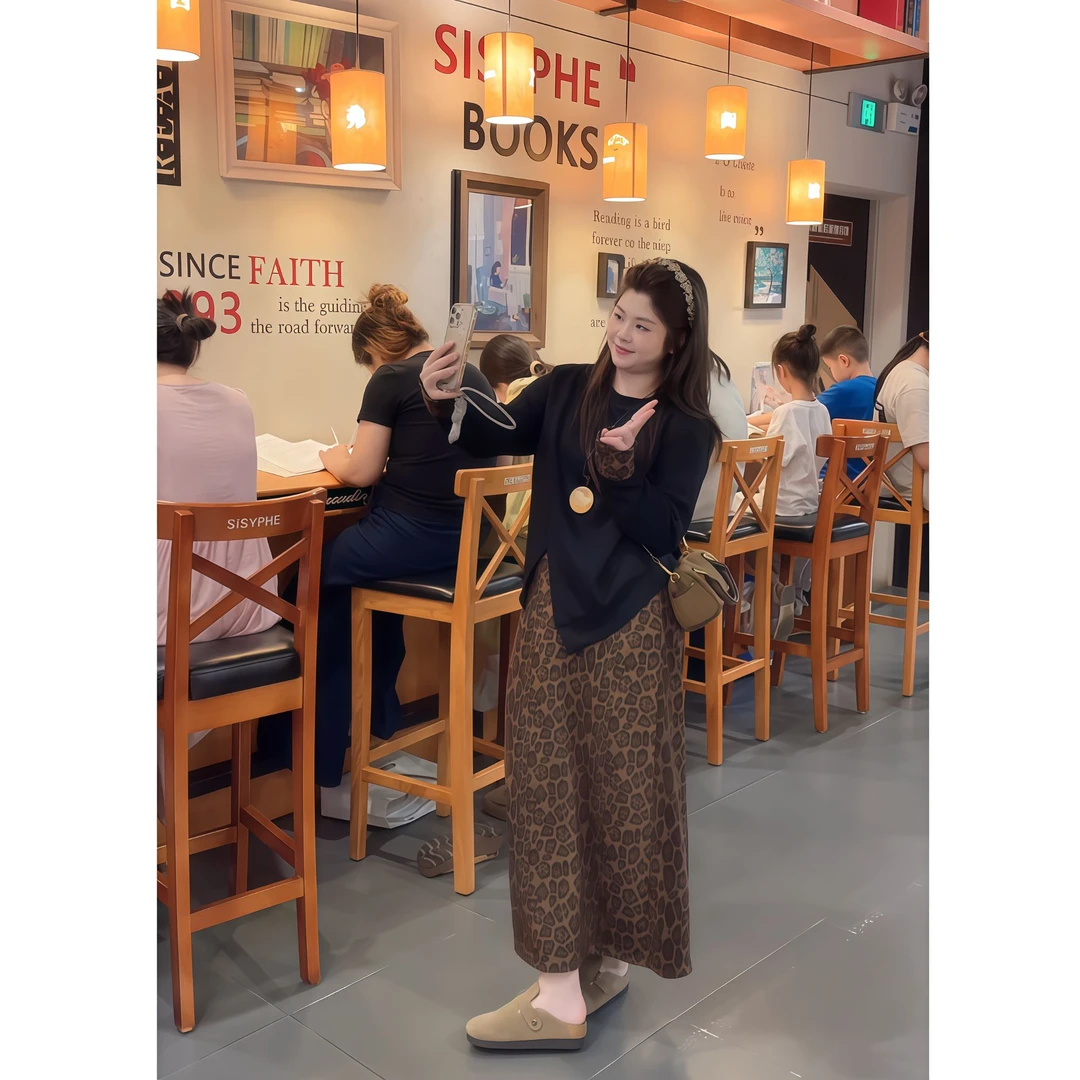 秋季套装女老钱风新款时尚大码高级感两件套洋气上衣女豹纹半身裙